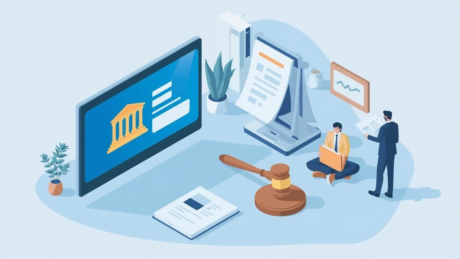 Illustration isométrique représentant de façon symbolique une assignation au fond dans un litige commercial