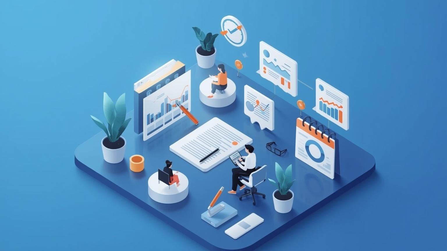 Illustration isométrique montrant une gestion proactive des contrats avec dossiers et échéances organisés