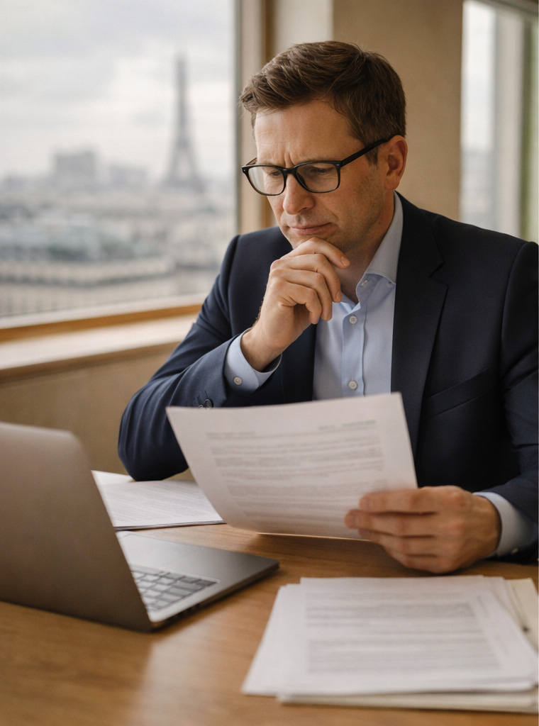 Dirigeant en réflexion — avocat contentieux commercial à Paris (litige, contrat, stratégie)