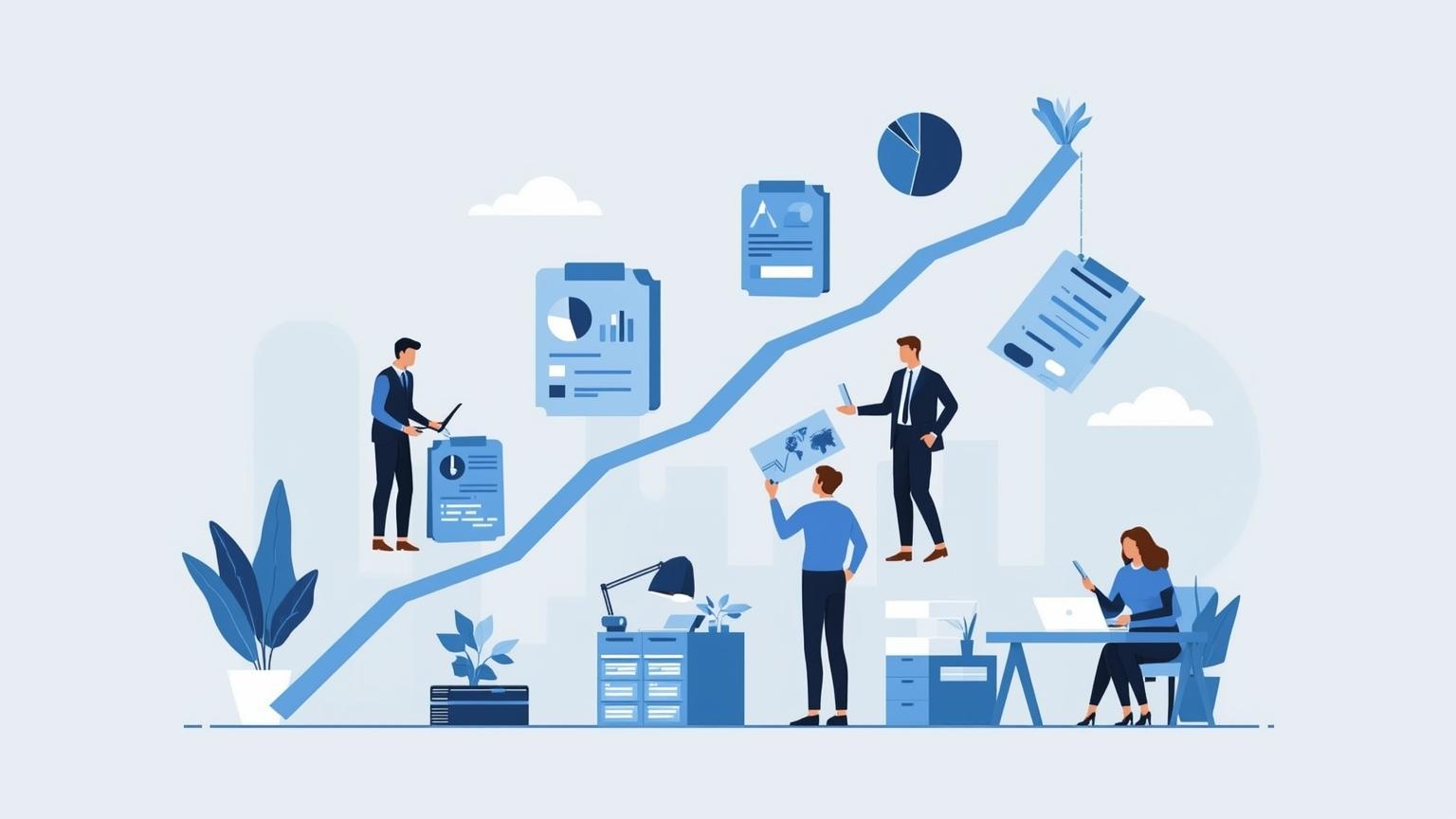 Illustration symbolique d’un parcours de recouvrement B2B préparé avec étapes structurées dans un environnement serein